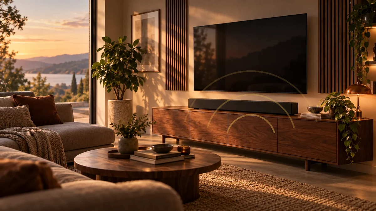 Soundbar unter dem Fernseher mit visualisiertem Klangfeld im Wohnzimmer
