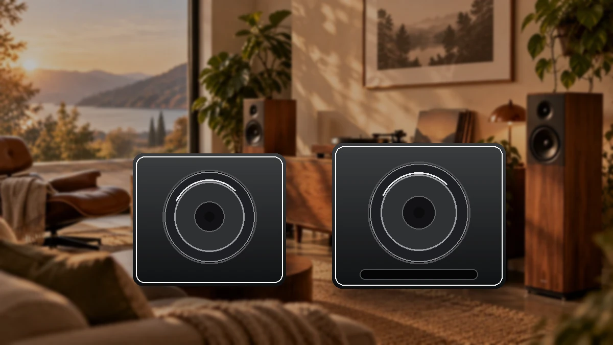 Geschlossener und Bassreflex-Subwoofer in einem Stereo-Wohnzimmer