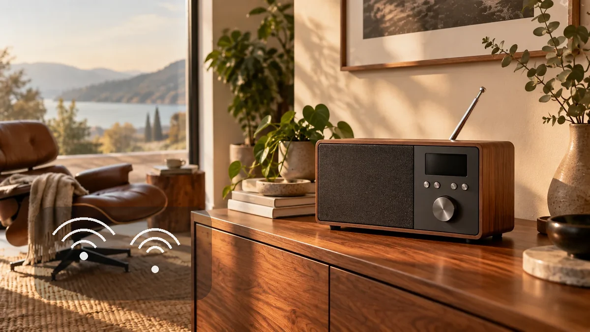 Modernes Radio mit Symbolen für Antenne, Funk und Netzwerk