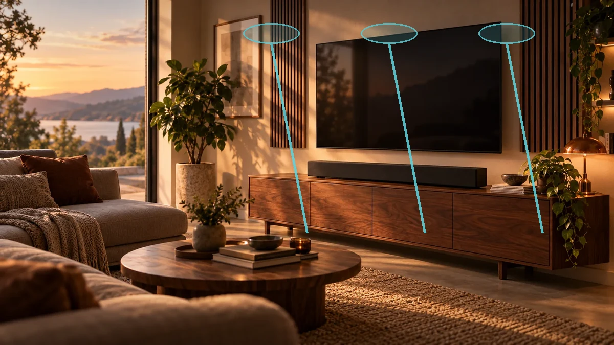 Schallwege einer Atmos-Soundbar mit nach oben gerichteten und reflektierten Anteilen