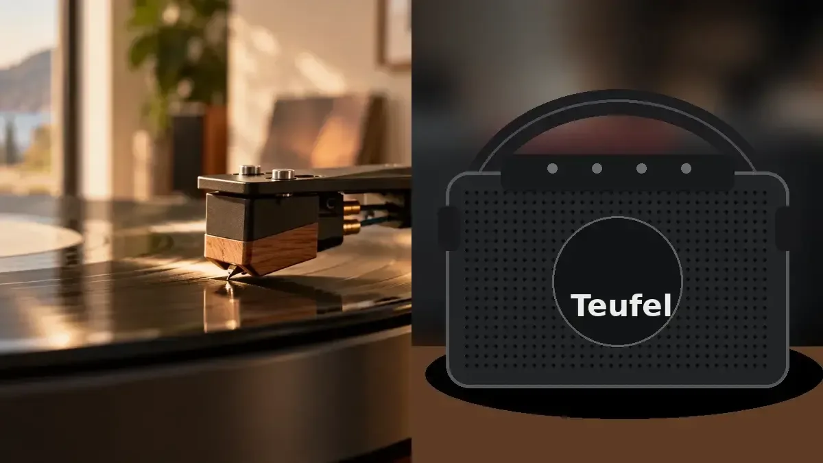 Plattenspieler und mobiler Bluetooth-Lautsprecher als mögliche moderne Vinyl-Kombination