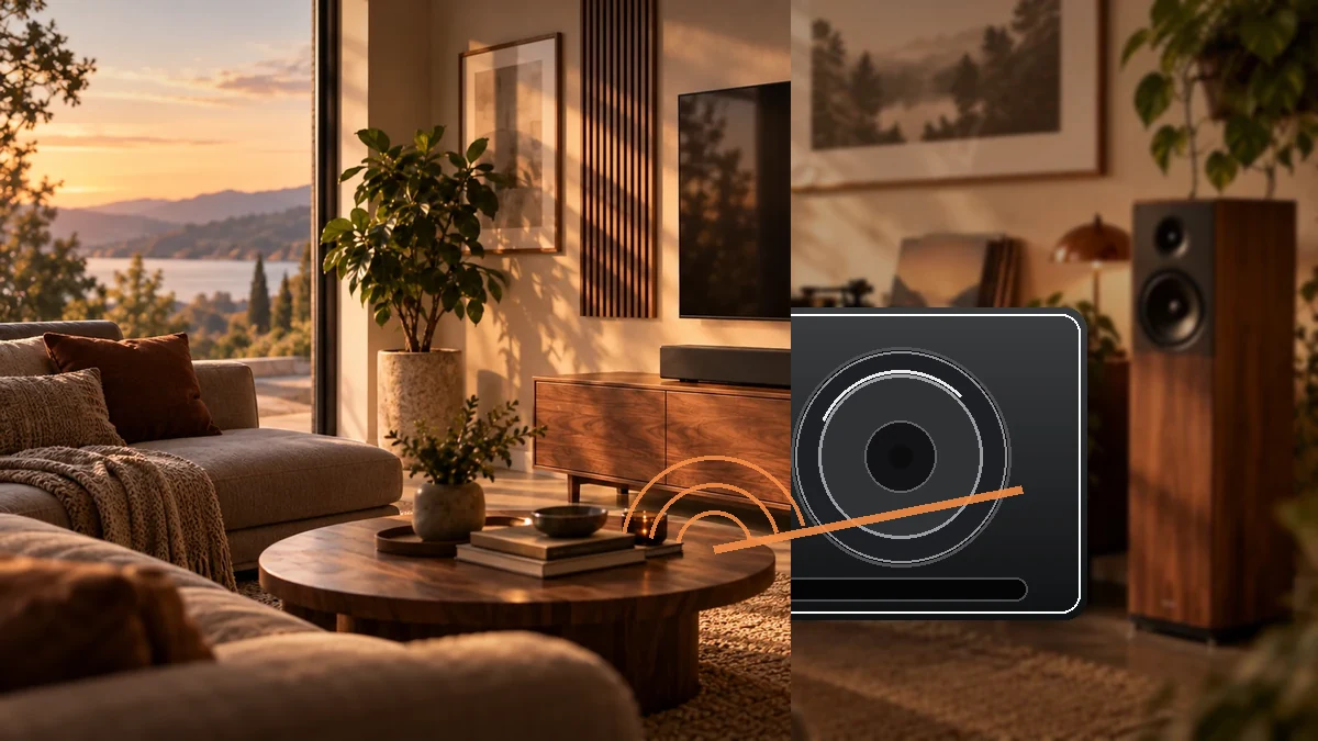 Soundbar mit separatem Subwoofer und visualisierten Basswellen im Wohnzimmer