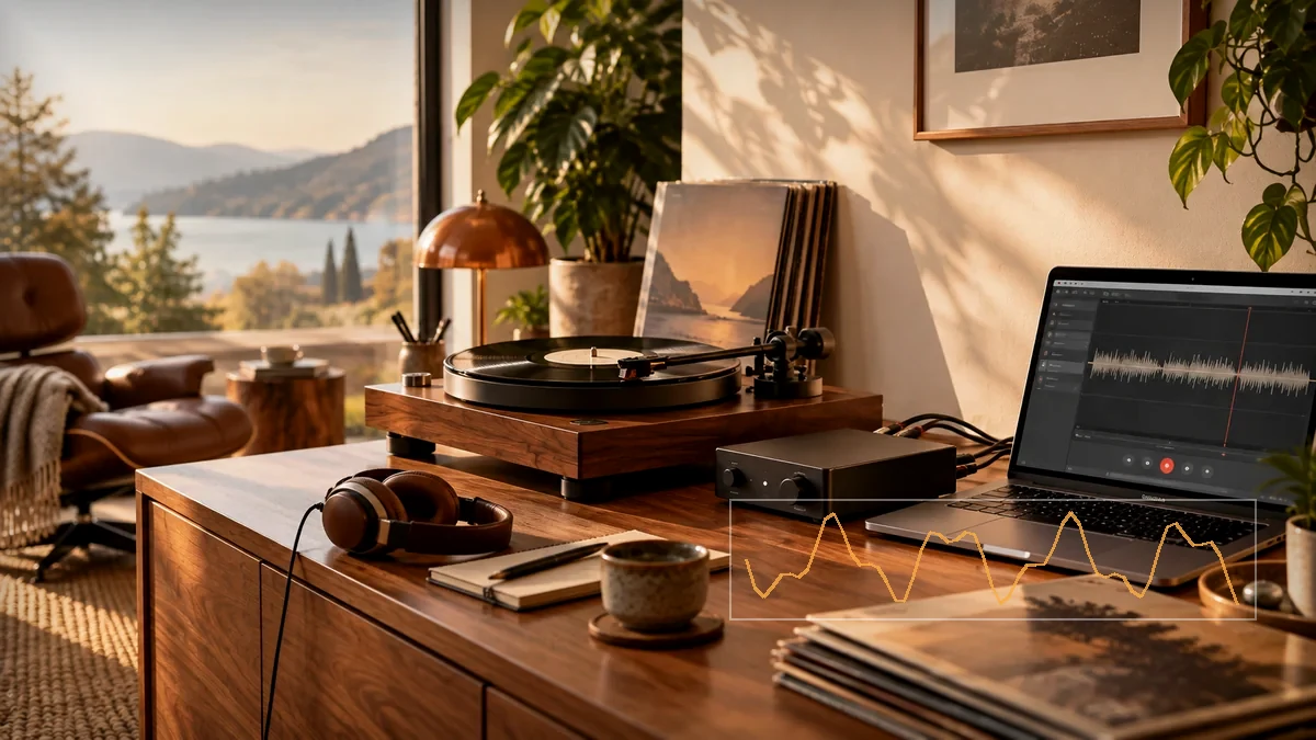 Plattenspieler, Audio-Interface und Computer bei der Vinyl-Digitalisierung