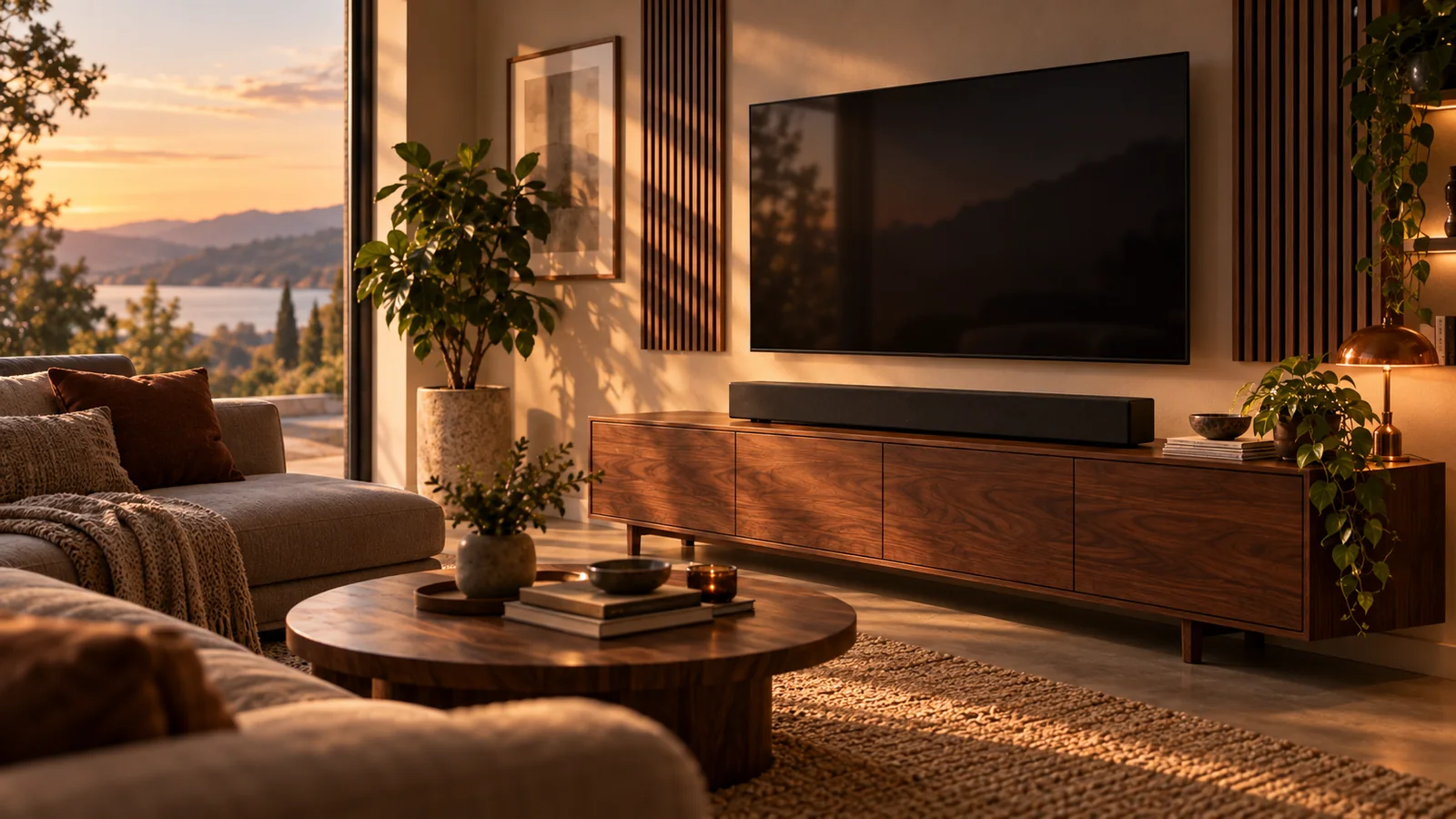Wohnzimmer mit Soundbar und warmer Heimkino-Atmosphäre