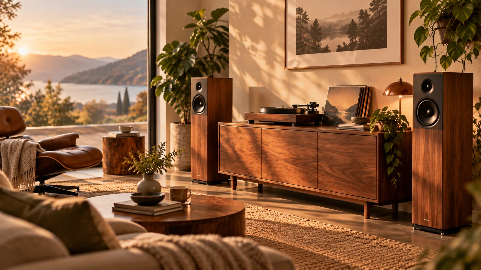 HiFi-Wohnzimmer mit Lautsprechern und warmer Abendstimmung